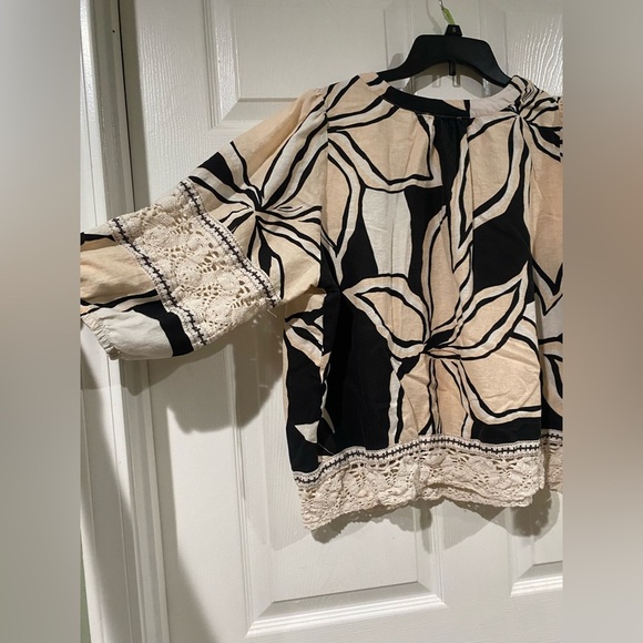 Rachel Zoe Linen Blouse Top Women 1X Black Cream Oversized Puff Sleeve - Picture 8 of 12